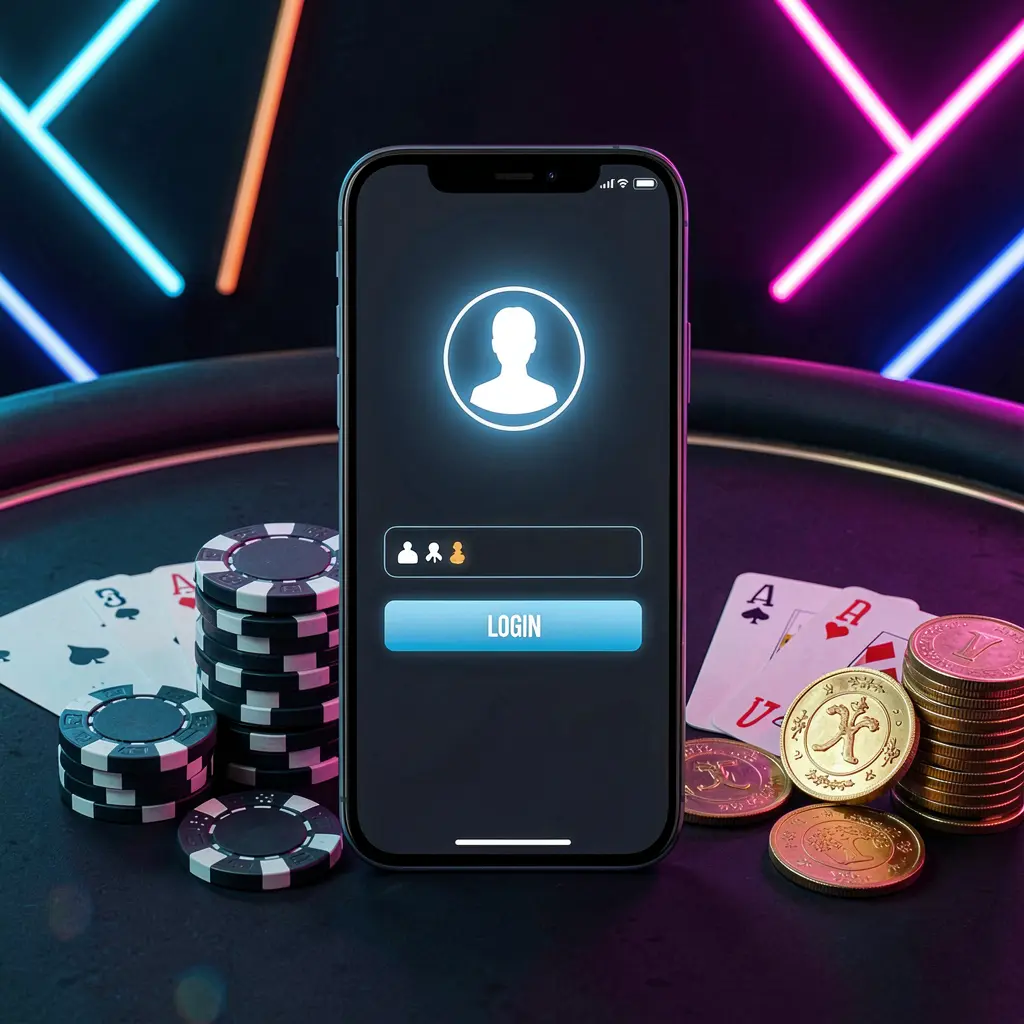 V880 casino app login scene on a smartphone with glowing user profile icon, surrounded by chips, cards, and coins against an elegant dark background with neon highlights V880 casino app login scene on a smartphone with glowing user profile icon, surrounded by chips, cards, and coins against an elegant dark background with neon highlights