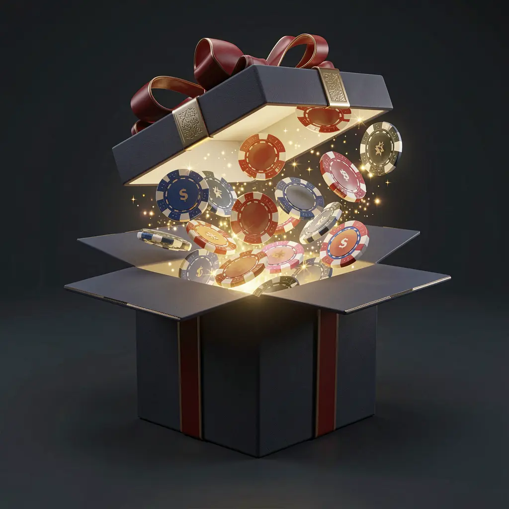 Realistic 3D render of free casino chips bursting out of a glowing gift box with magical sparkles on a dark premium background, showcasing V880's no deposit bonus offer