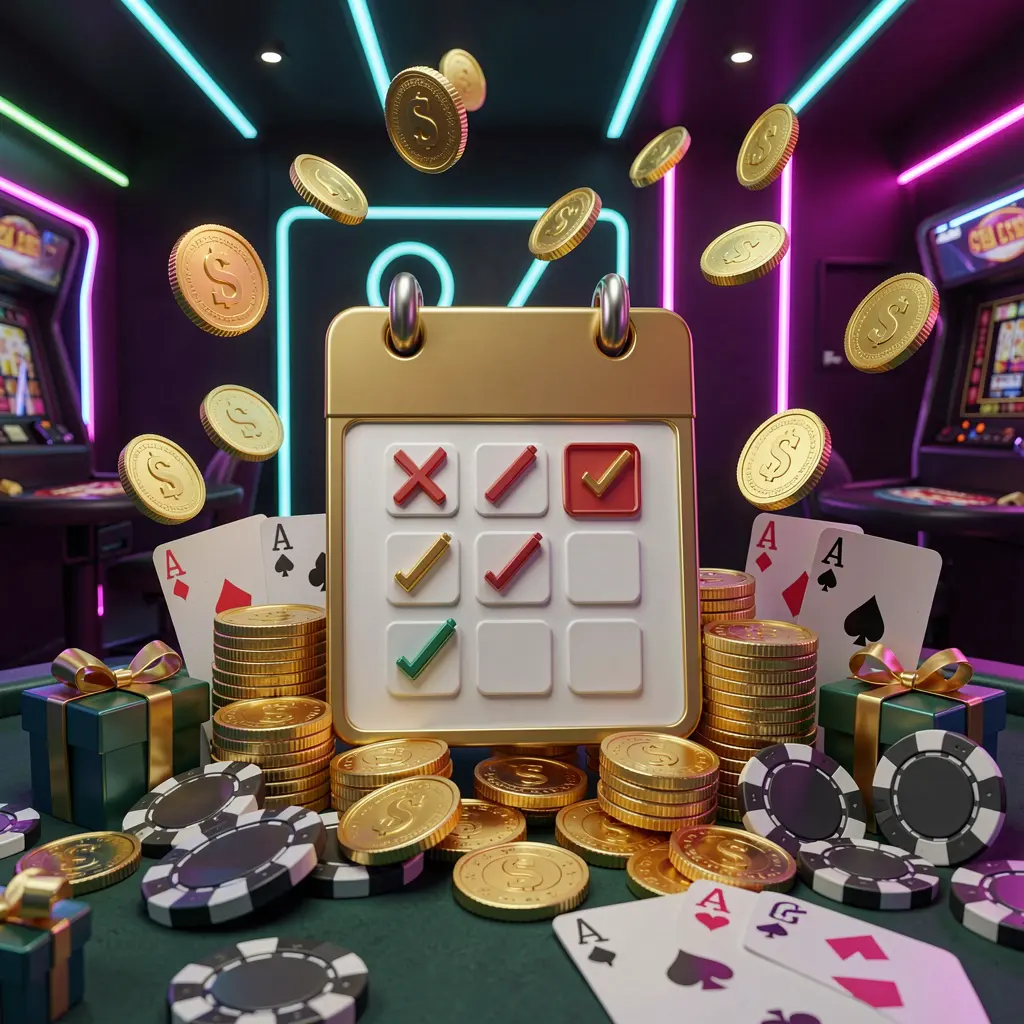 V880 weekly online casino bonus concept featuring a calendar icon surrounded by golden coins, gift boxes, poker chips, and playing cards in a festive casino atmosphere with dark modern background and neon lights