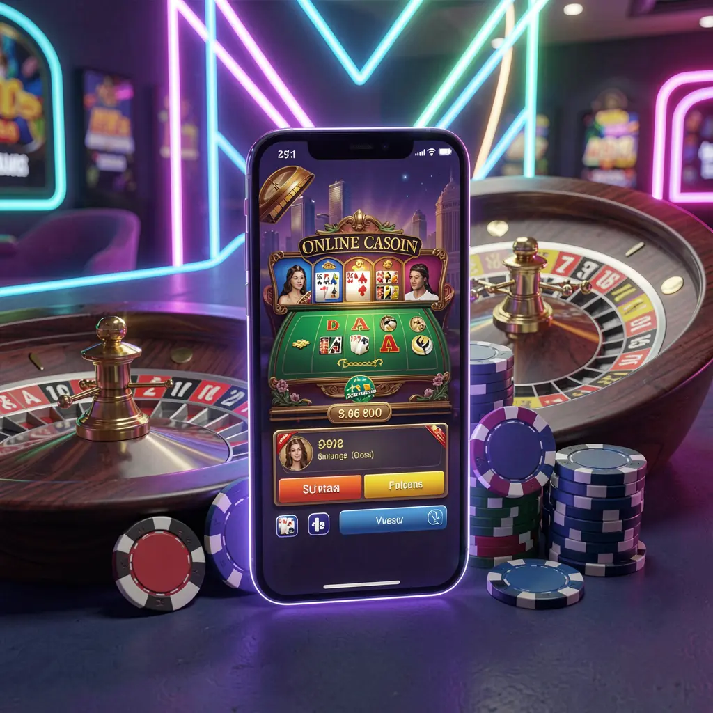 V880 online casino platform displayed on a smartphone with a glowing roulette wheel and poker chips, set against a premium neon background in a 3D realistic render