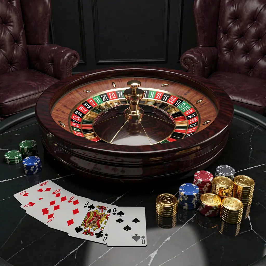 Realistic 3D illustration of a modern online casino scene featuring a roulette wheel, playing cards, poker chips, and golden coins on a glossy table with a dark luxury background, showcasing V880 brand gaming elements