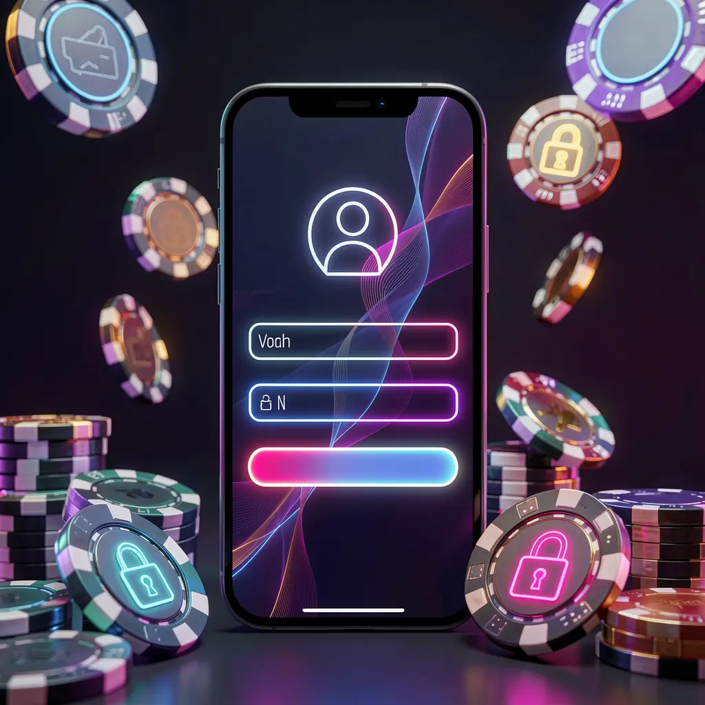 V880 mobile gaming login page concept on smartphone with abstract user and lock icons, casino chips and coins surrounding, illuminated by luxury neon lighting V880 mobile gaming login page concept on smartphone with abstract user and lock icons, casino chips and coins surrounding, illuminated by luxury neon lighting