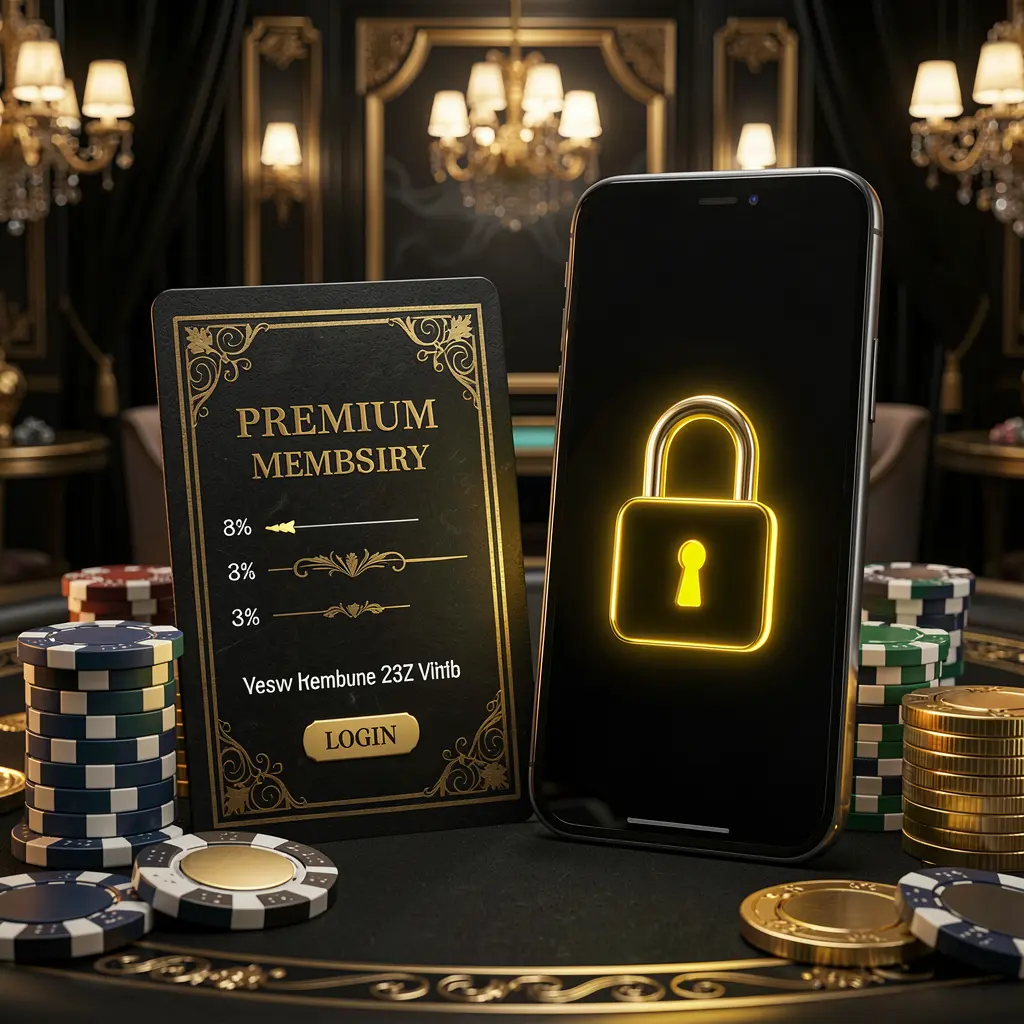 V880 casino member login concept featuring a premium membership card beside a smartphone with a glowing lock symbol, poker chips and coins on a black and gold luxury background in a realistic 3D illustration V880 casino member login concept featuring a premium membership card beside a smartphone with a glowing lock symbol, poker chips and coins on a black and gold luxury background in a realistic 3D illustration