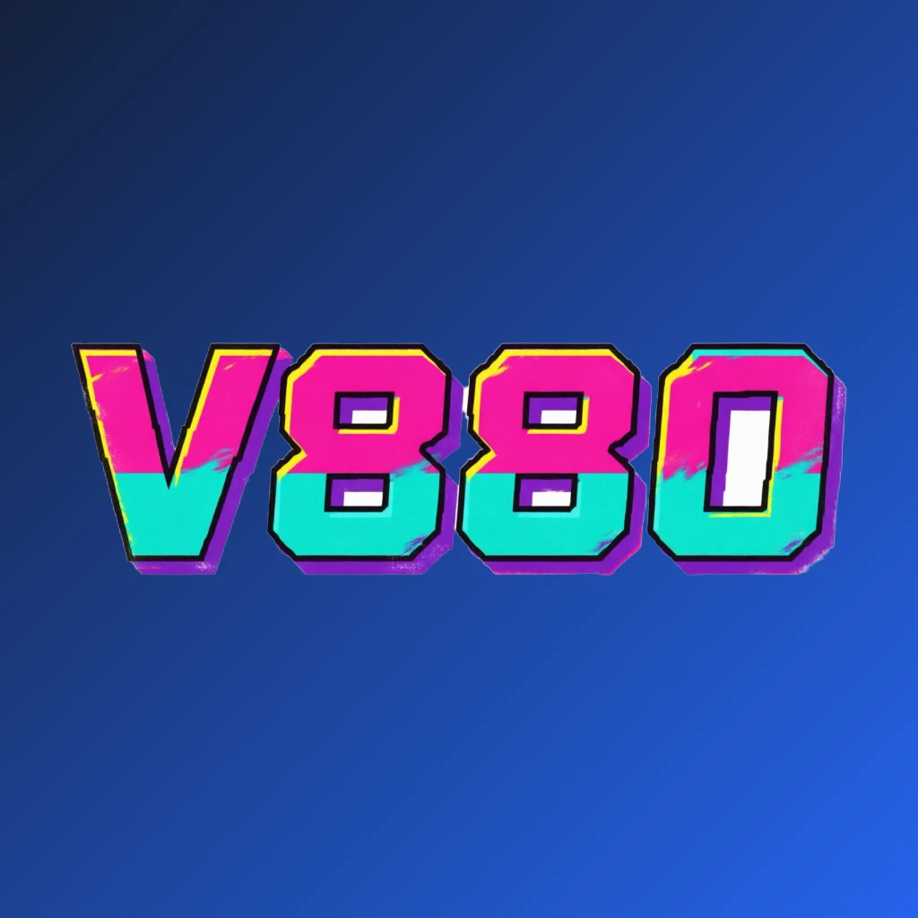 Bold arcade-style V880 logo with chunky retro typography in bright pink, turquoise, yellow, and purple colors on a transparent background, creating a vibrant gaming atmosphere in a wide horizontal rectangular wordmark for a website header
