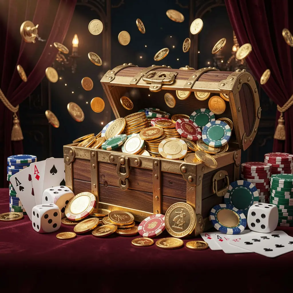 V880 online casino welcome banner featuring a treasure chest filled with golden coins and casino chips, playing cards and dice nearby against a dark luxury background creating a festive premium atmosphere